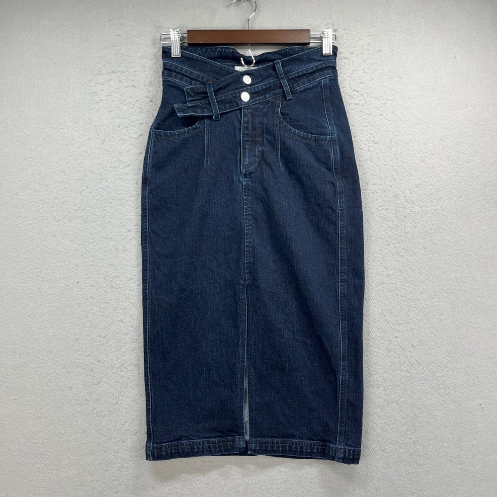 Pilcro Denim Midi Skirt Womens 0 Blue Asymmetric Waist Front Slit Stretch Casual